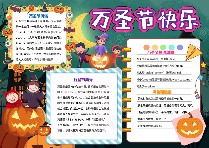 墨绿卡通万圣节快乐万圣节小报手抄报卡通小报手抄报