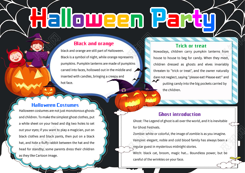 黑色卡通HalloweenParty万圣节英文小报手抄报