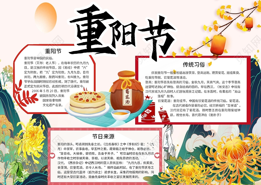 白色卡通重阳节word电子小报重阳节国潮重阳节文字节日