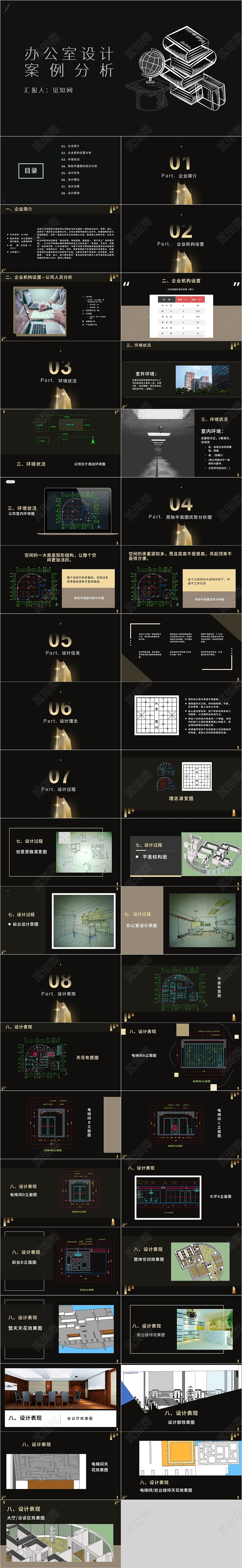 黑色金色高端大气商务简约办公空间设计案例分析PPT模板