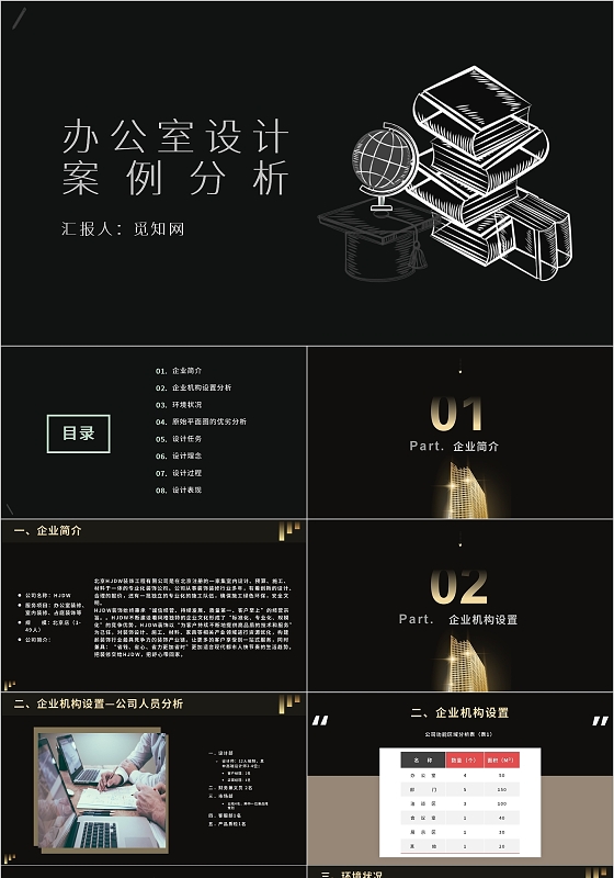 黑色金色高端大气商务简约办公空间设计案例分析PPT模板