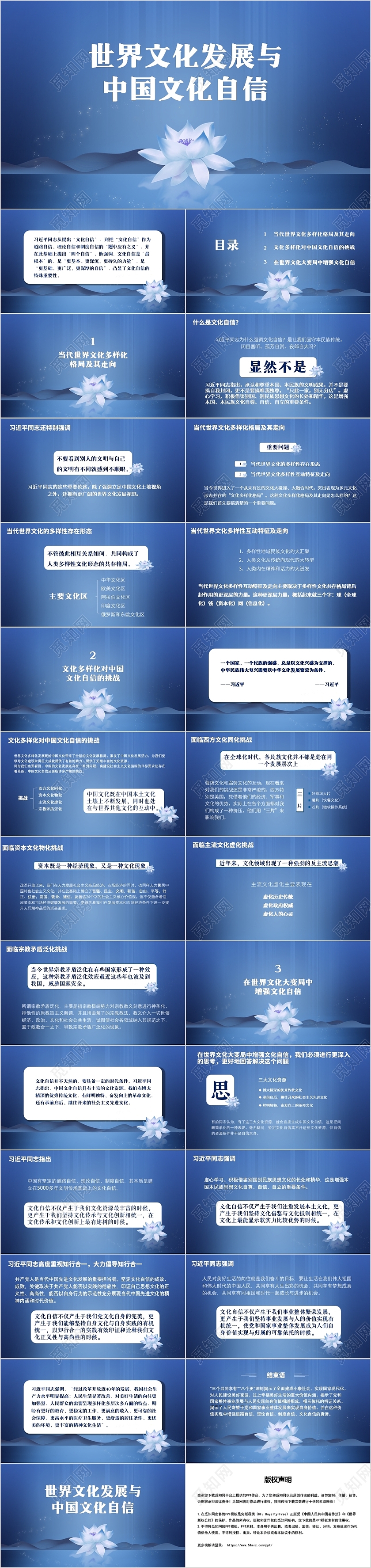 蓝色简约风文化自信世界文化发展与中国文化自信ppt
