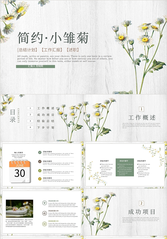 小清新唯美简约通用小雏菊汇报总结课件PPT模板