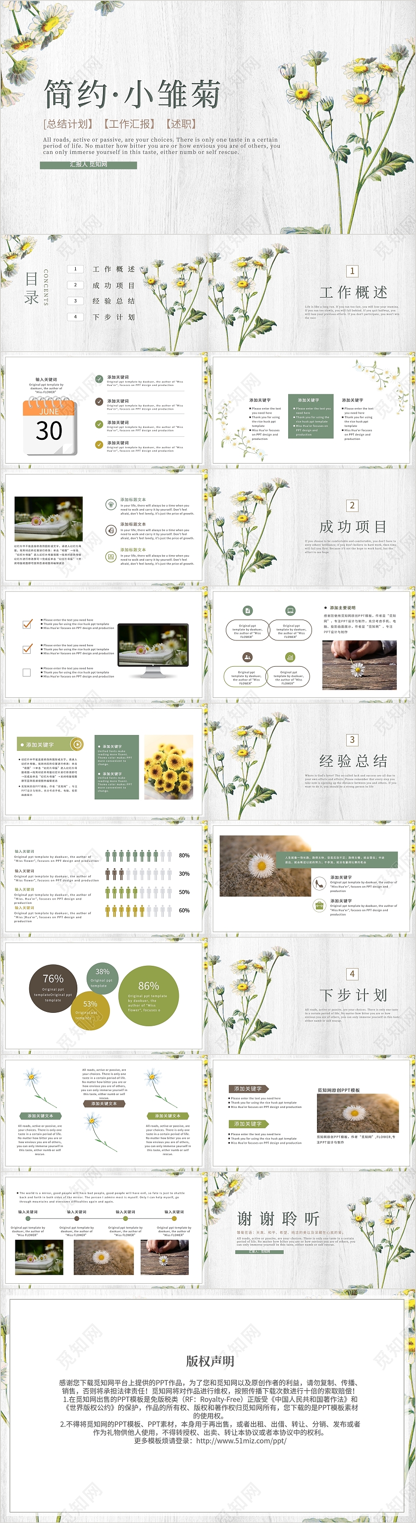 小清新唯美简约通用小雏菊汇报总结课件PPT模板