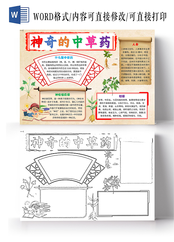 棕色卡通神奇的中草药中草药卡通小报手抄报