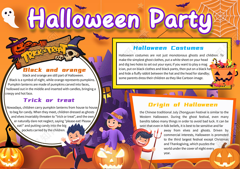 暗橙色卡通Halloween Party万圣节英文小报手抄报