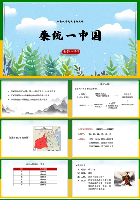 蓝色中国历史类秦统一中国ppt模板