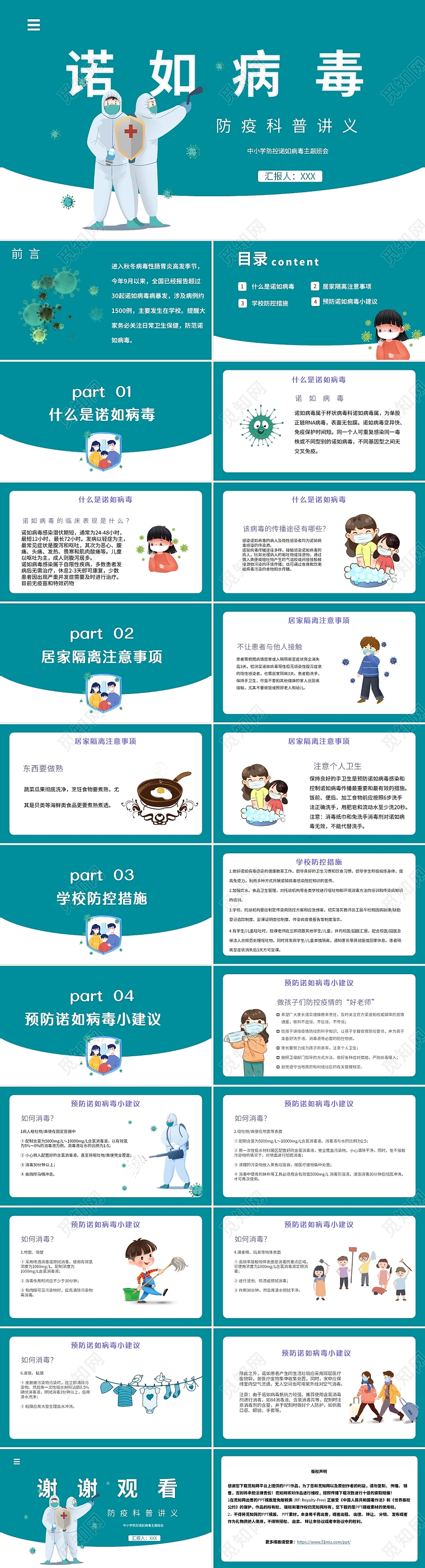 绿色卡通插画诺如病毒防疫科普讲义PPT模板诺如病毒科普讲义