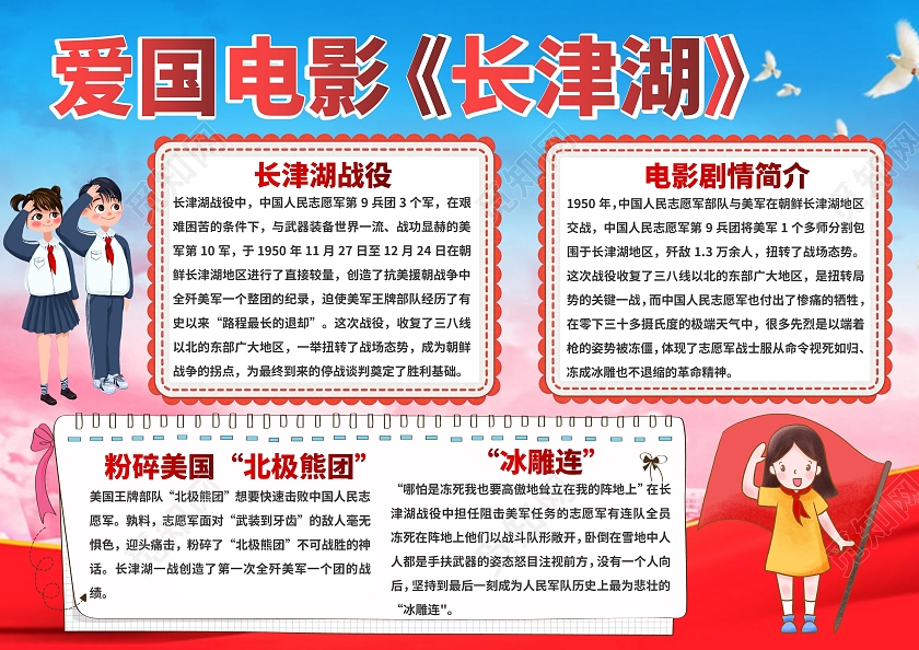 蓝色卡通爱国电影长津湖小报手抄报爱国小报手抄报