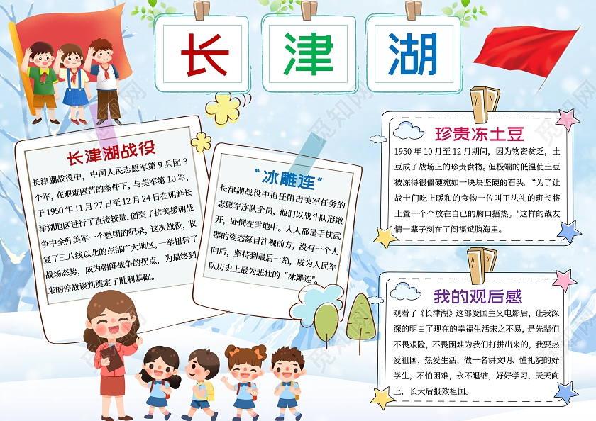 蓝色卡通长津湖小报手抄报爱国小报手抄报