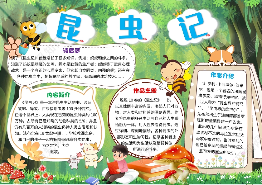绿色卡通昆虫记昆虫记卡通小报手抄报