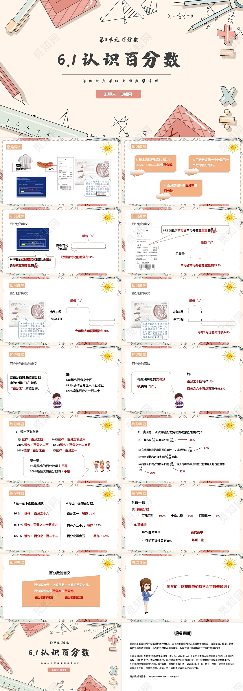 橙色教育课件类认识百分数PPT模板