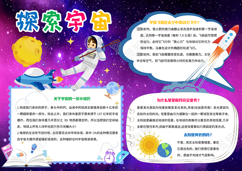 紫色卡通探索宇宙小报手抄报卡通小报手抄报