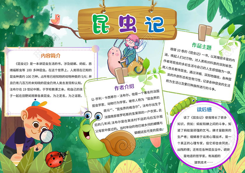 绿色卡通昆虫记小报手抄报卡通小报手抄报