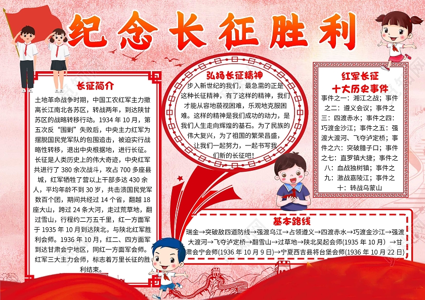 红色卡通纪念长征胜利长征卡通小报手抄报