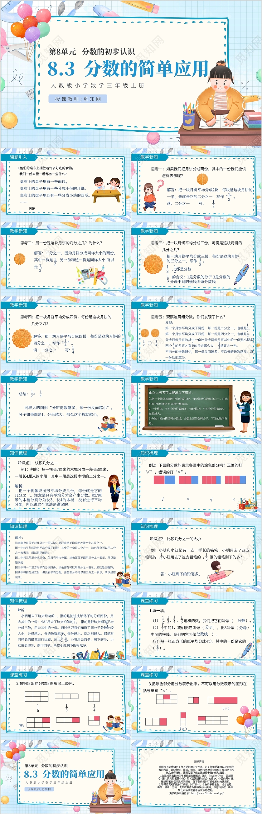 可爱手绘数学课件几分之一教学PPT模板分数的简单应用