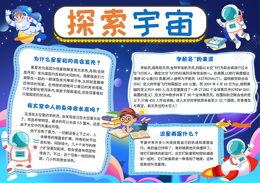 蓝色卡通探索宇宙宇宙小报手抄报卡通小报手抄报