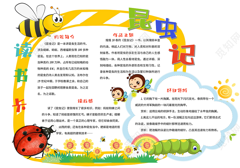 黄色卡通昆虫记读书卡小报手抄报读书小报手抄报
