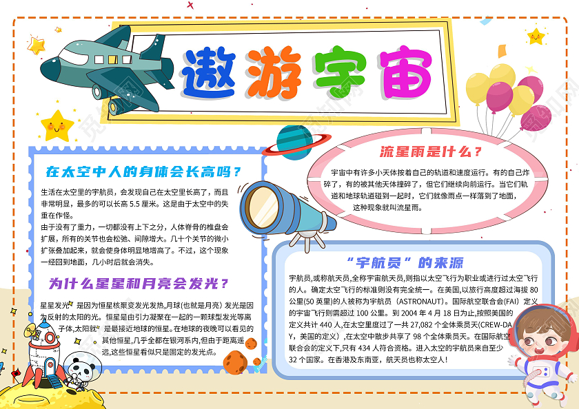 白色卡通遨游宇宙宇宙卡通小报手抄报