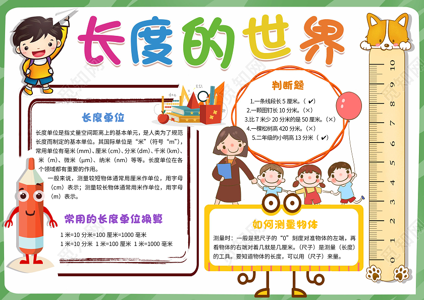 绿色卡通长度的世界二年级数学长度单位卡通小报手抄报
