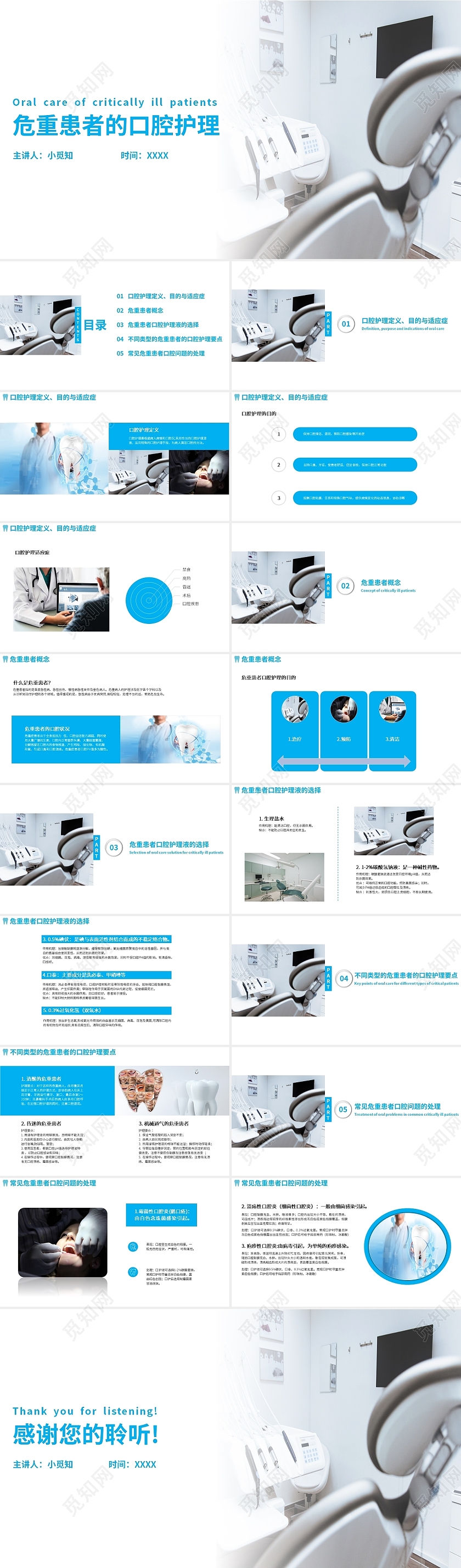 浅蓝色简约商务风格危重患者的口腔护理课件PPT