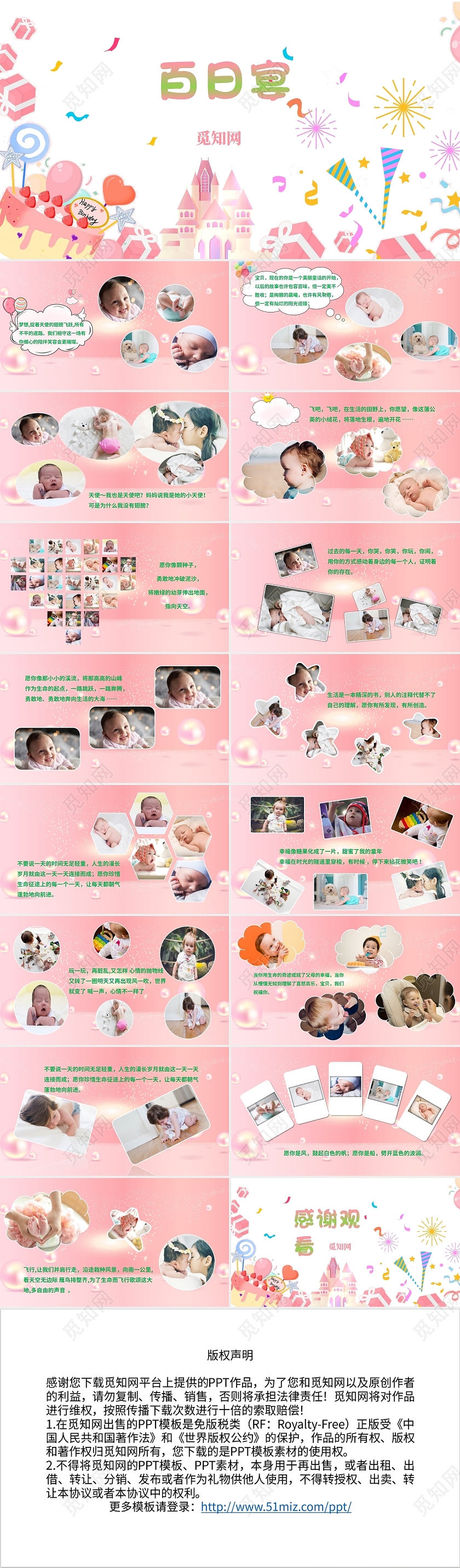 粉色系小清新卡通儿童百日宴生日相册回顾PPT模板