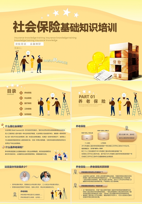 金色简约商务社会保险基础培训PPT模板课件社会保险基础知识培训