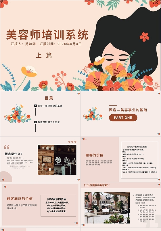 粉色棕色时尚美容师培训系统PPT模板女性