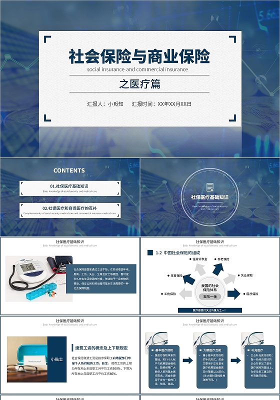深蓝商务大气简约社会保险与商业保险之医疗PPT模板社会保险与商业保险之医疗篇