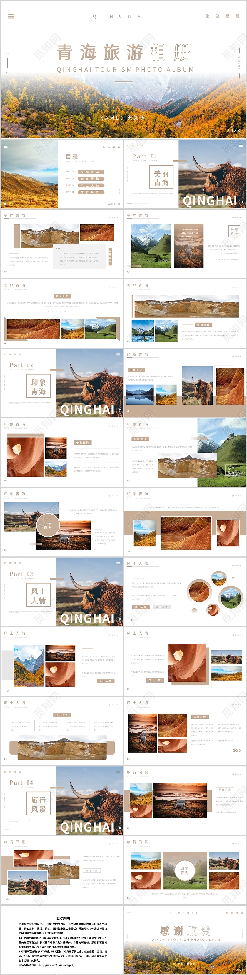 棕色简约青海旅游相册旅游城市介绍高端PPT模板