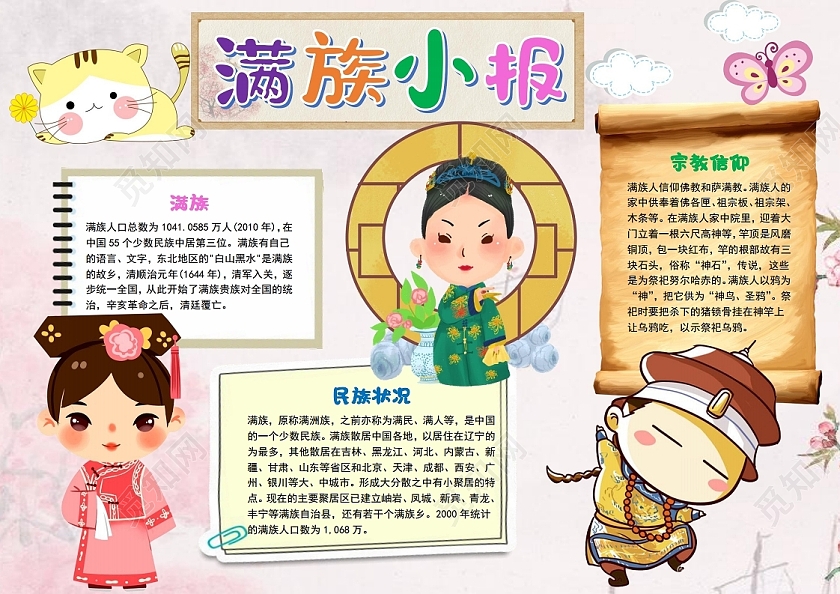 满族小报56个民族之满族民族元素少数民族卡通小报手抄报