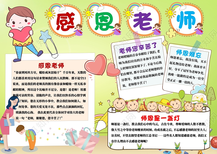 绿色卡通感恩老师小报手抄报文明礼仪小报手抄报