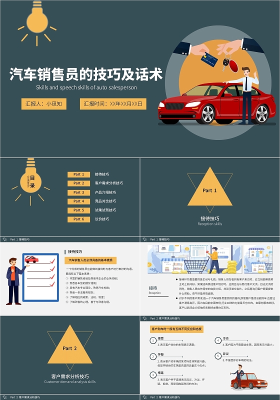 墨绿灰黄简约大气商务扁平汽车销售员的技巧及话术PPT模板