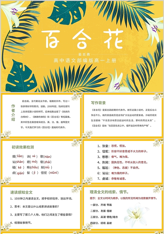 黄色简约高中语文百合花课件教学校园老师说课通用PPT模板