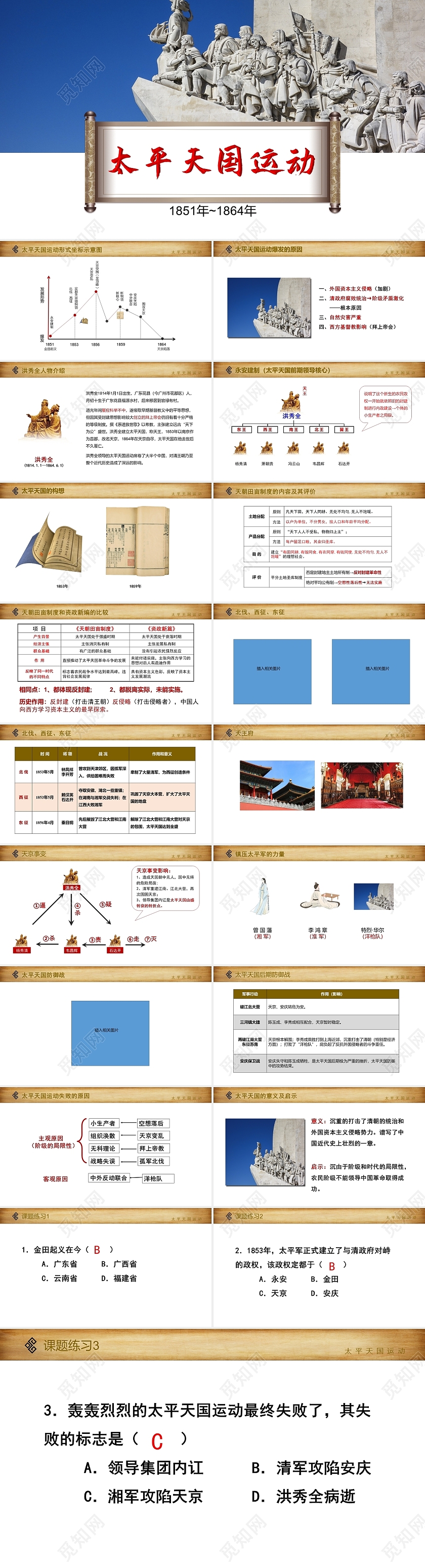 蓝色简约太平天国运动说课课件PPT模板初中历史课件太平天国运动