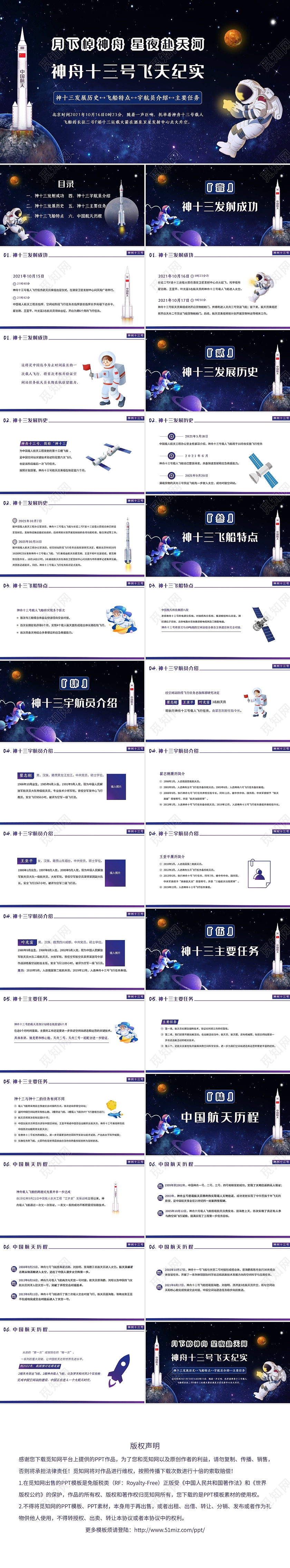 航天精神蓝色大气神州十三号飞天纪实PPT课件