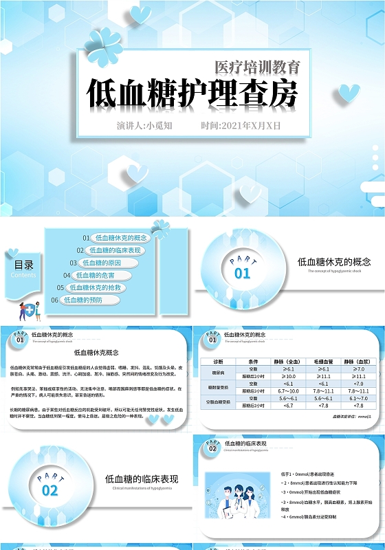 蓝白色简约小清新医疗低血糖休克护理查房培训课件PPT教育模板