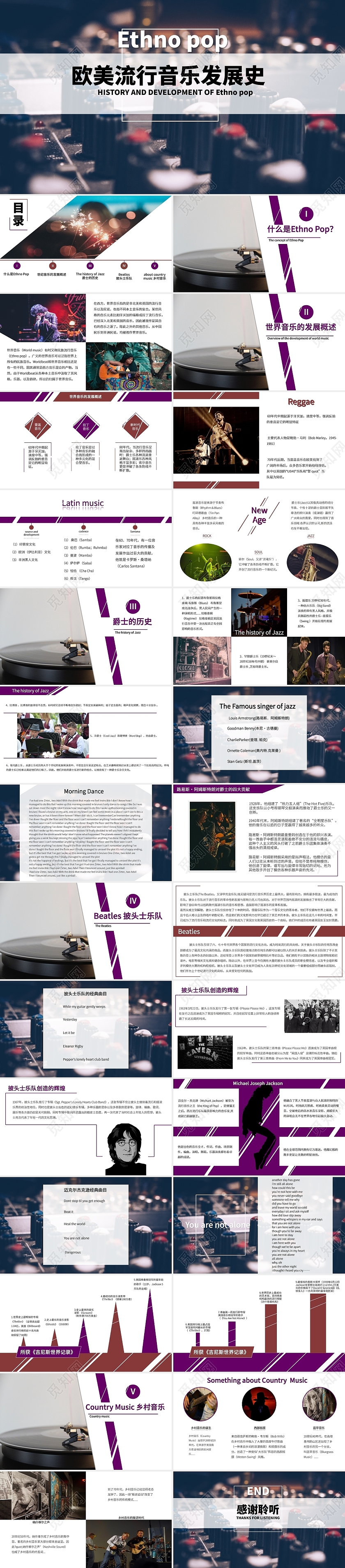 暗色紫色简约流行潮流欧美流行音乐发展史介绍PPT模板