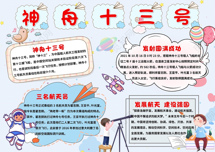 蓝色卡通神舟十三号小报手抄报科技小报手抄报