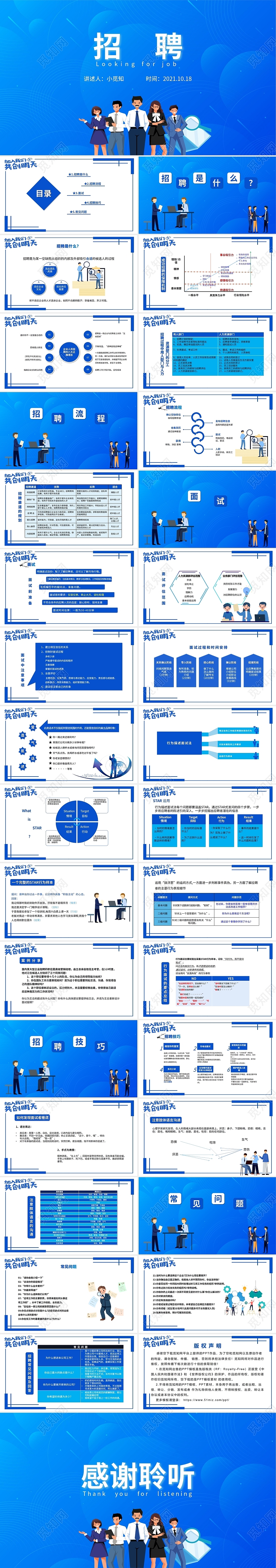 蓝色简约商务动画招聘面试技巧常见问题目录流程