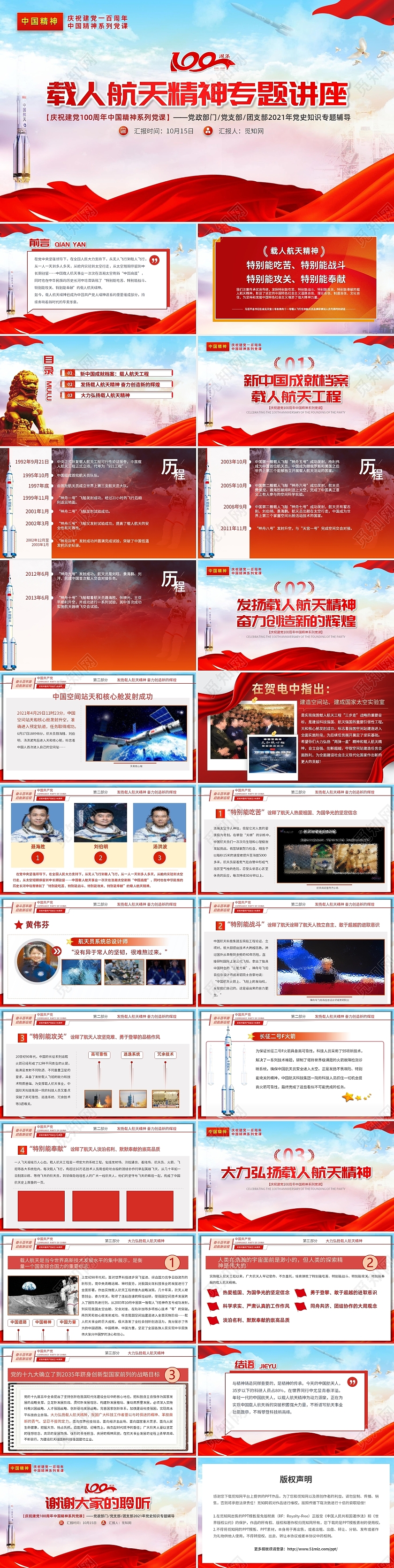 简约党政党建载人航天精神专题讲座中国精神系列党课PPT模板党课党建党政