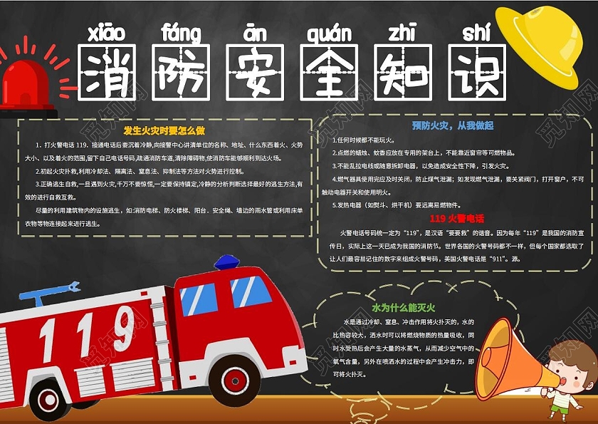 深色卡通消防知识消防安全知识小报手抄报卡通小报手抄报