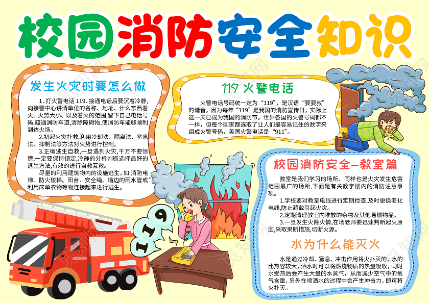 黄色卡通校园消防安全知识安全手抄报卡通小报手抄报消防知识