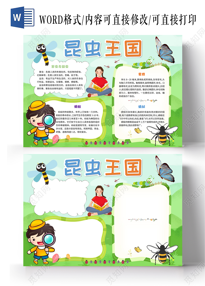 绿色卡通昆虫王国小报手抄报卡通小报手抄报