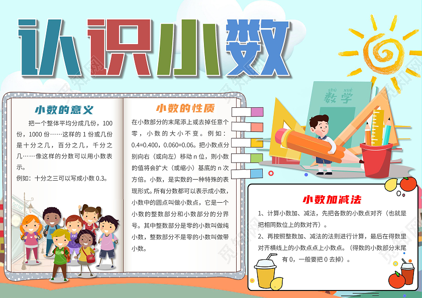 蓝色卡通认识小数数学小报手抄报认识小数小数的奥秘小数点数学小数有趣的数学小数乘法
