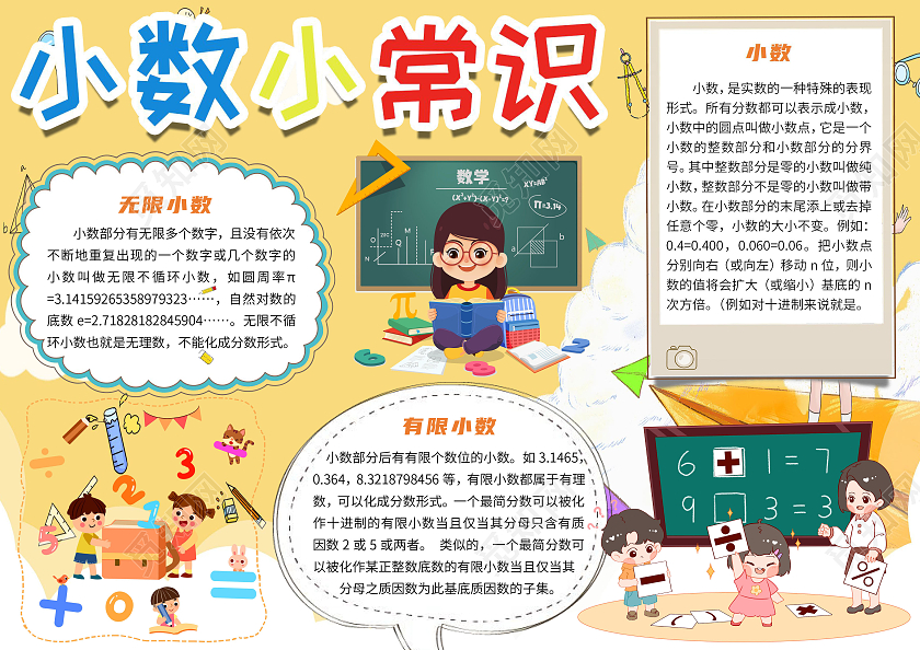 黄色卡通小数小常识数学小报手抄报认识小数小数的奥秘小数点数学小数有趣的数学小数乘法