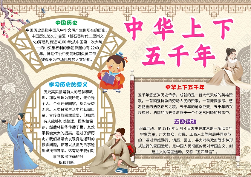 黄色卡通中华上下五千年中国历史卡通小报手抄报