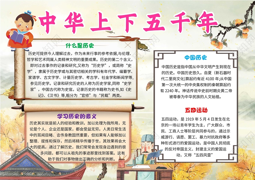 黄色卡通中华上下五千年中国历史卡通小报手抄报