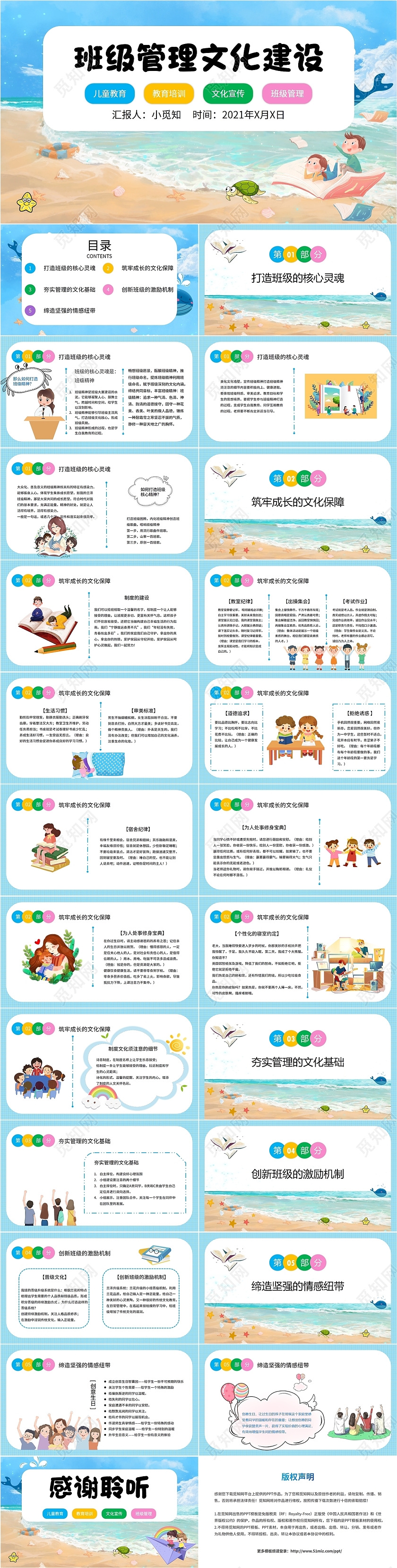 蓝色简约海洋沙滩卡通班级管理文化建设家长会培训课件PPT模板班级文化建设