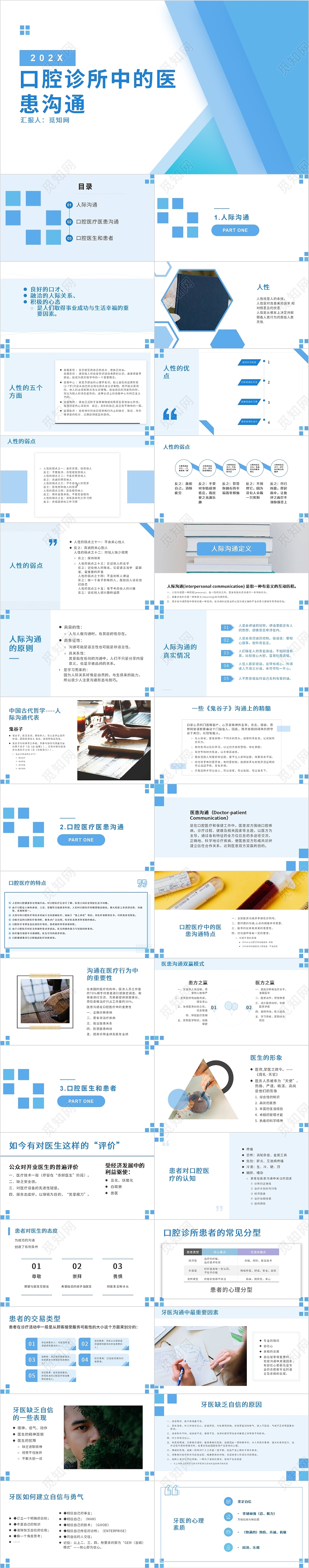 蓝色清爽简约商务口腔诊所中的医患沟通PPT模板汇报工作报告